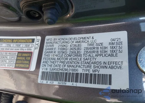 2021 Honda Cr-V Awd Ex-L from USA, damaged, VIN 5J6RW2H82ML018896